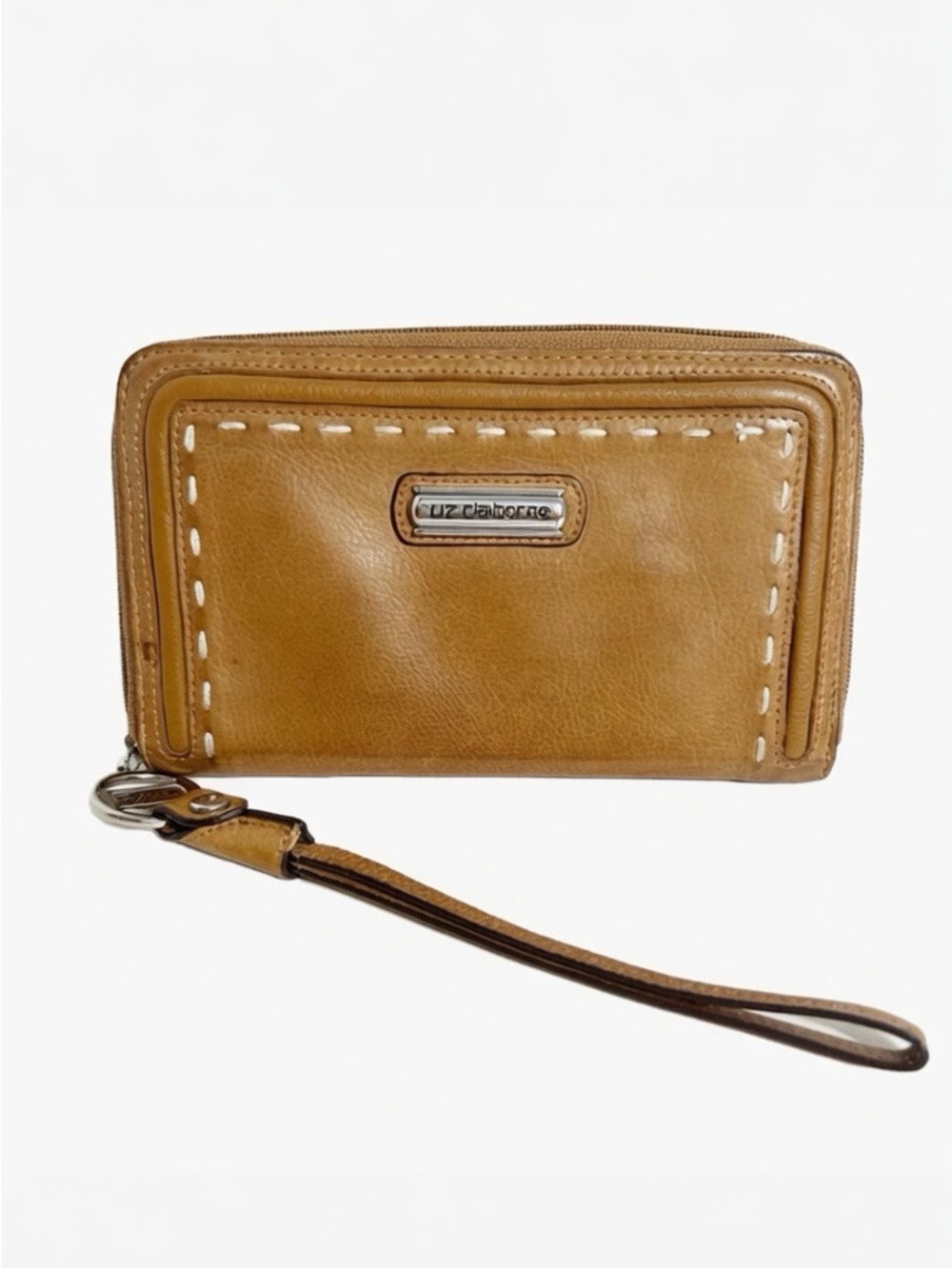 Liz Claiborne Camel Leather Zip-Around Wristlet Wallet Stitched Detailing Strap